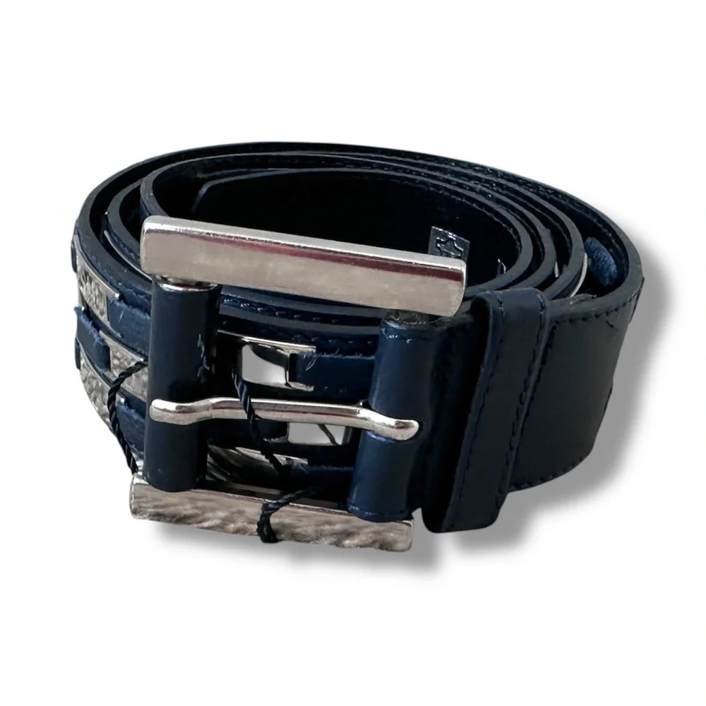 Vintage Escada Black Leather Mirrored Belt Size 42 Rockstar West Germany Made
